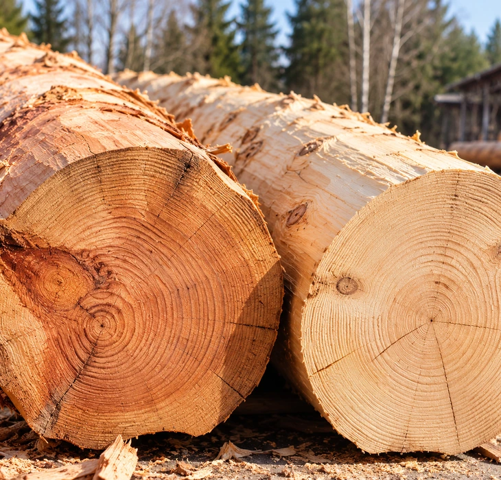 Naturstammholz mit sichtbarer handwerklicher Bearbeitung